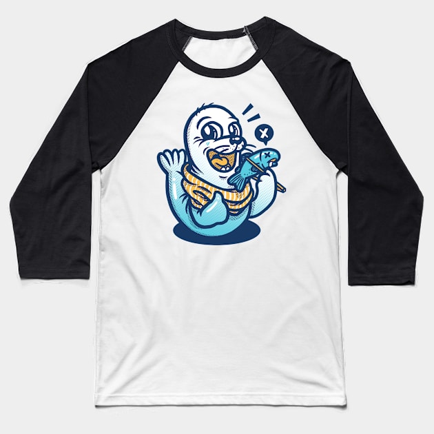 Seal and Raw Fish Colored Baseball T-Shirt by wehkid